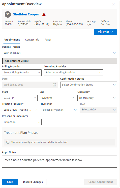 Appointment Overview Window showing a patient example.